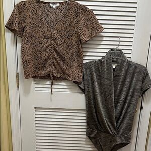 Leopard Print Brown Drawstring Crop Top & Charcoal Wrap Bodysuit Duo